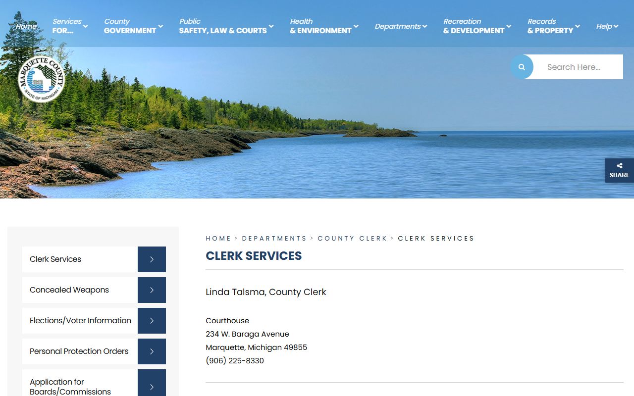 Marquette County Clerk services counter for court documents and vital records