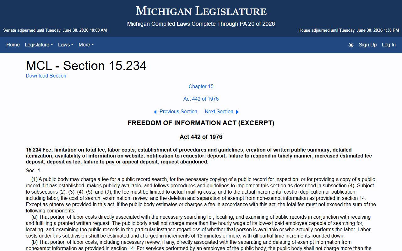 Marquette County Clerk records and Michigan FOIA fee provisions under MCL 15.234
