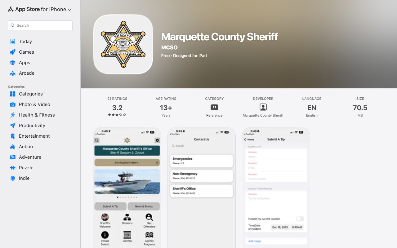 Marquette County arrest records and jail lookup on the Sheriff app