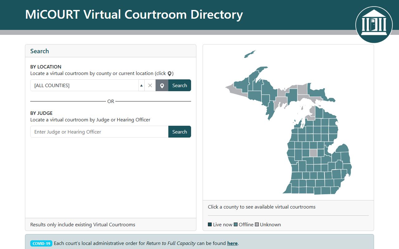Marquette County court dockets in the Michigan Virtual Courtroom Directory