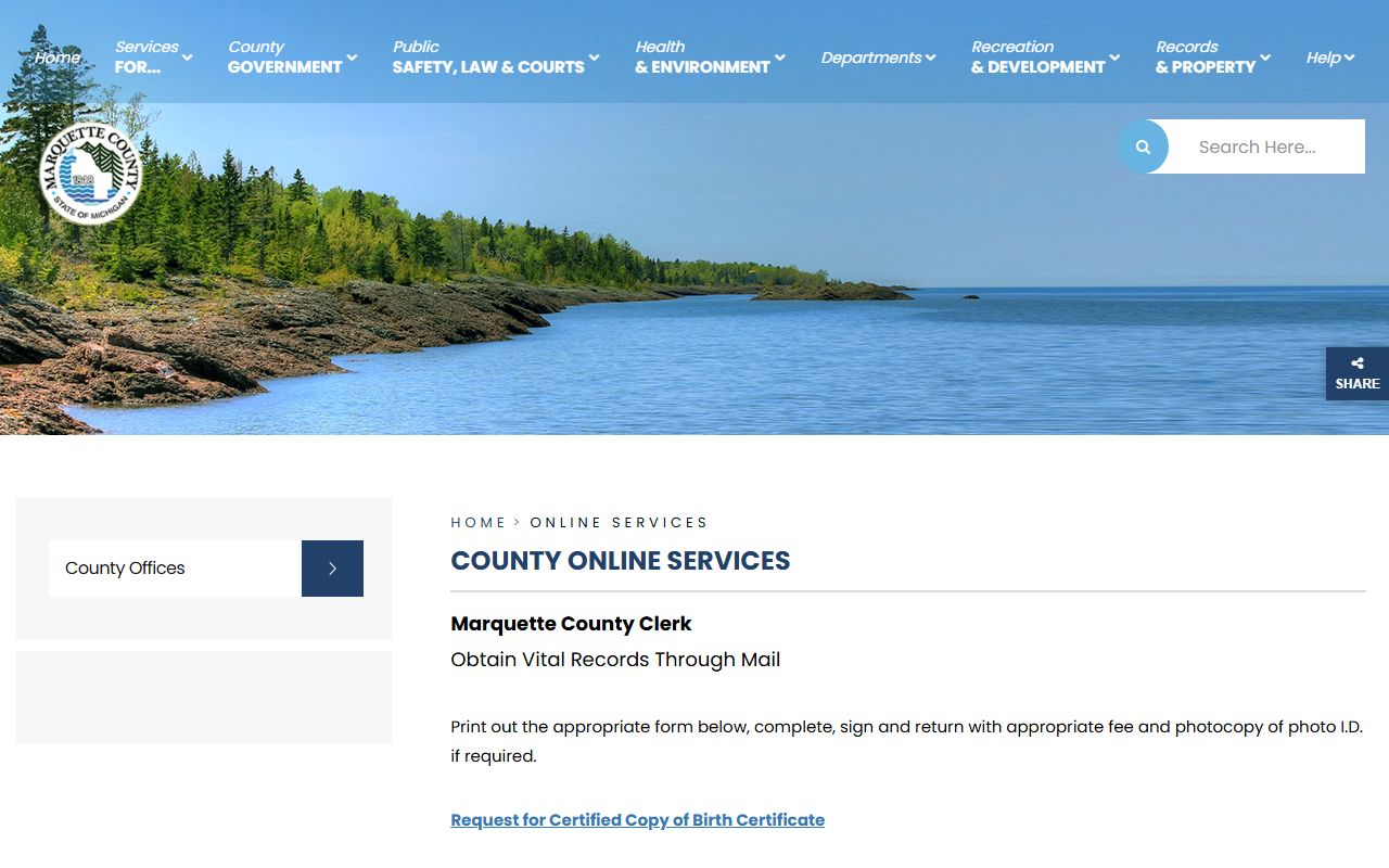 Marquette County court records online services page listing state case-search links