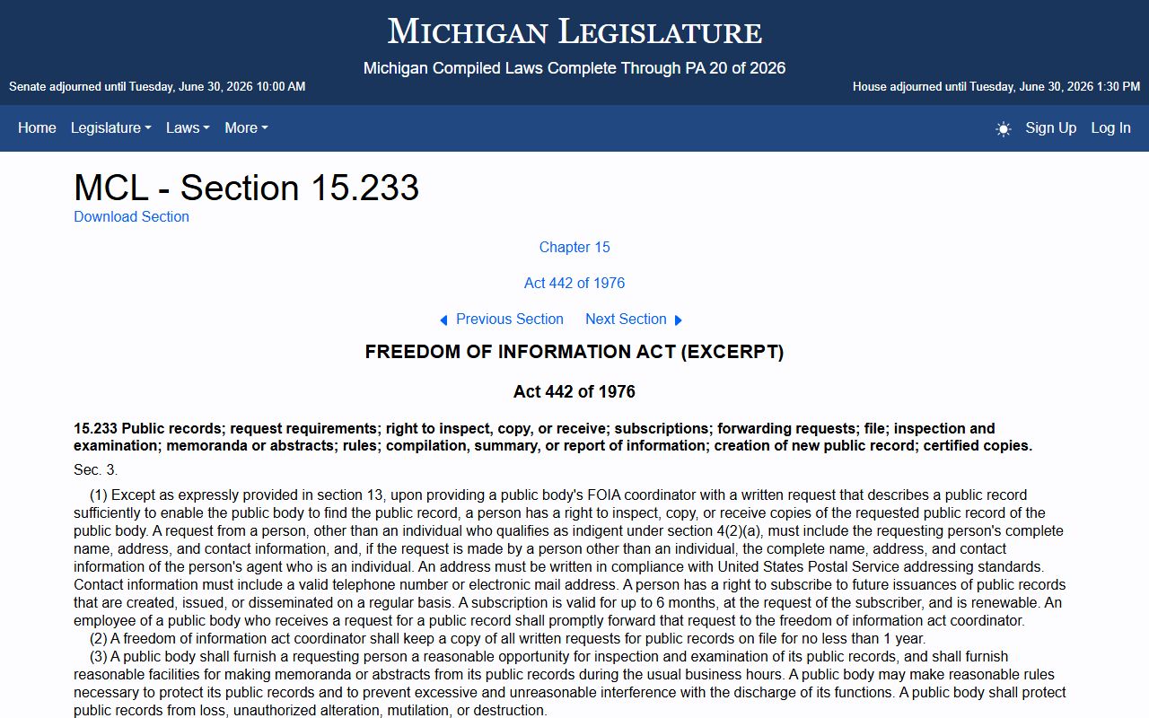 Marquette County court records right to inspect statute MCL 15.233 on the Michigan legislature site