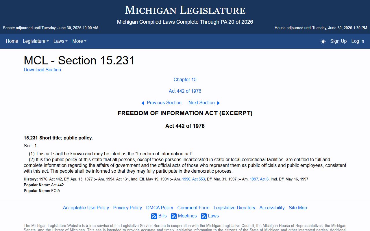 Marquette County court records Michigan FOIA public policy statute MCL 15.231