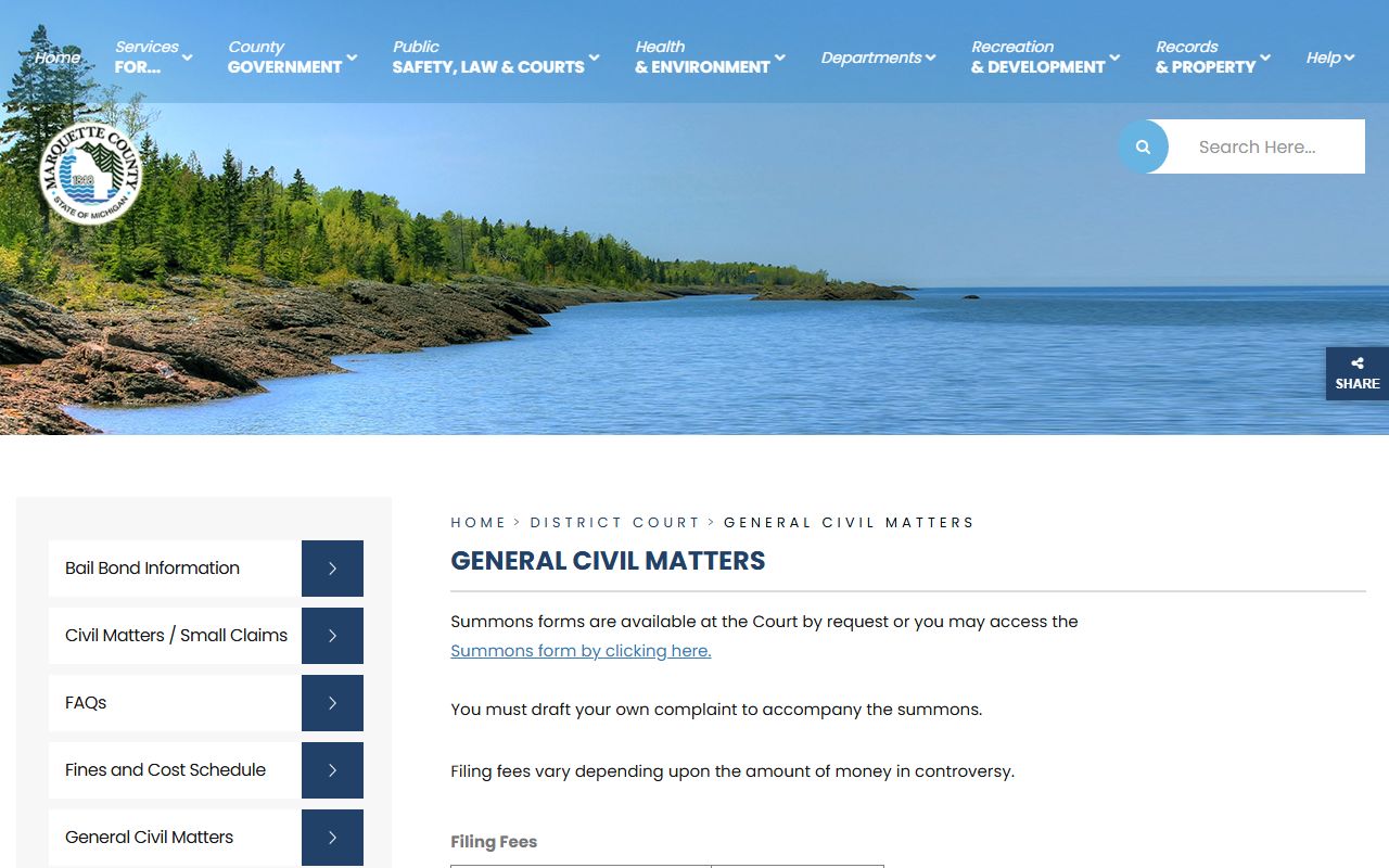 Marquette County District Court general civil court records