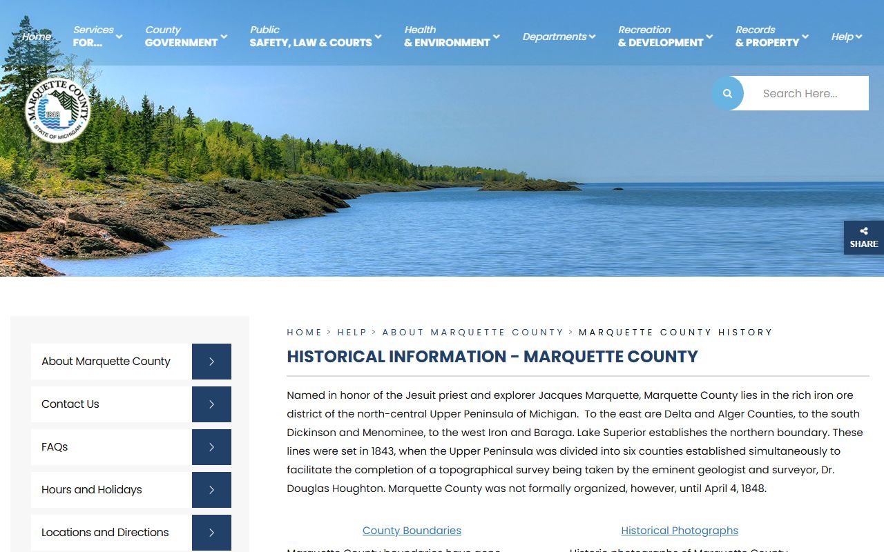 Marquette County history page connected to county court records