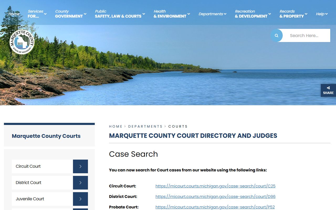 Marquette County court records directory listing the circuit, district, and probate courts