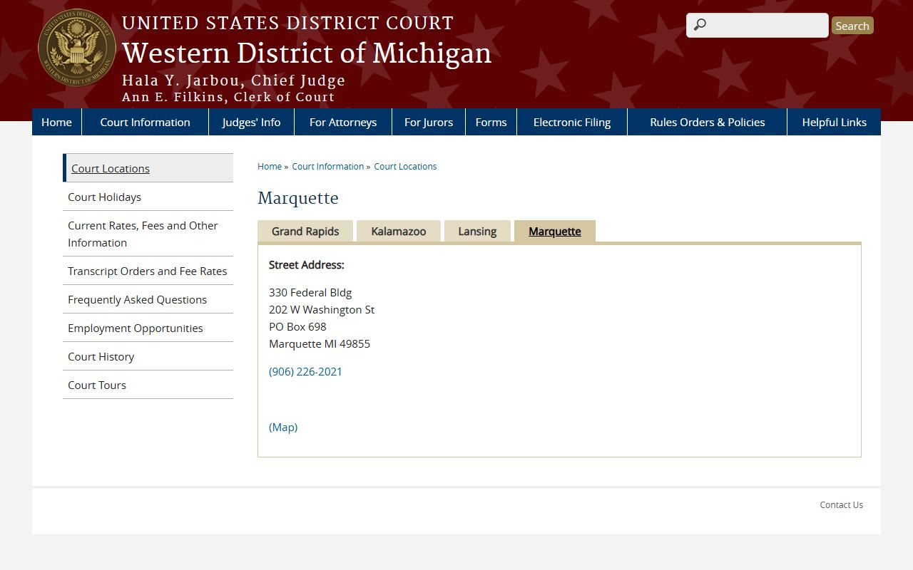 Marquette federal courthouse page for Western District of Michigan court records