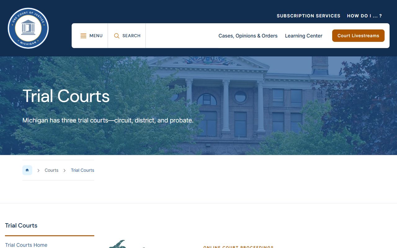 Michigan trial courts page describing Marquette County court records jurisdiction