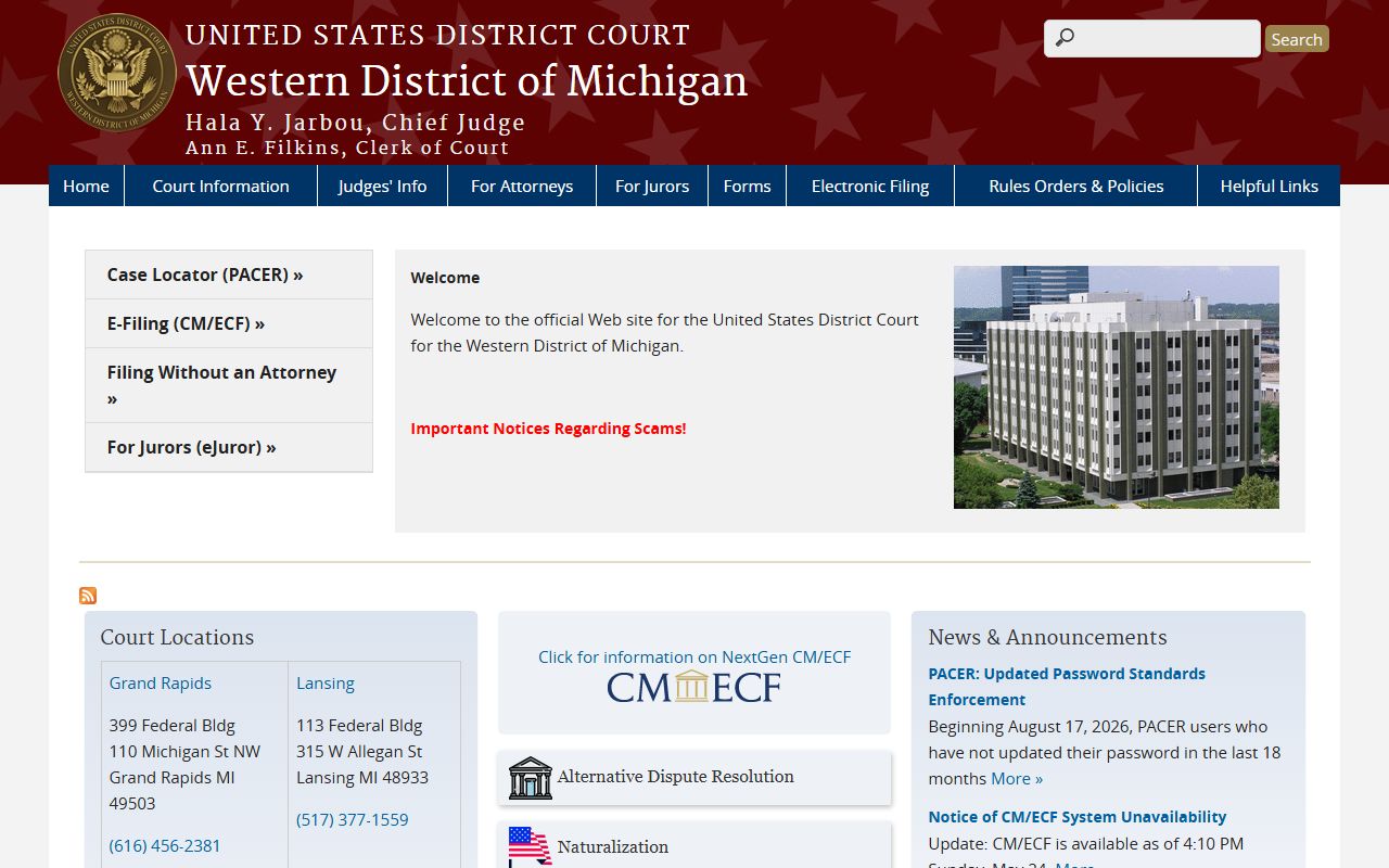 Western District of Michigan federal court page tied to Marquette County court records