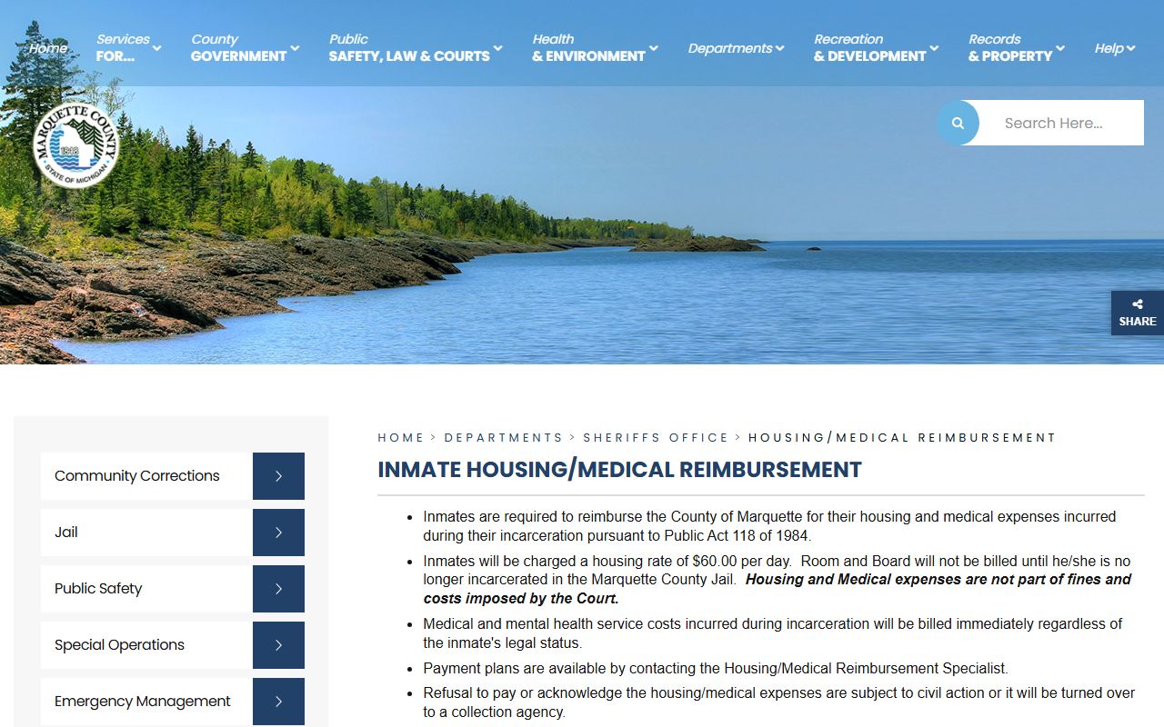Marquette County housing and medical reimbursement page with the $60 per day rate