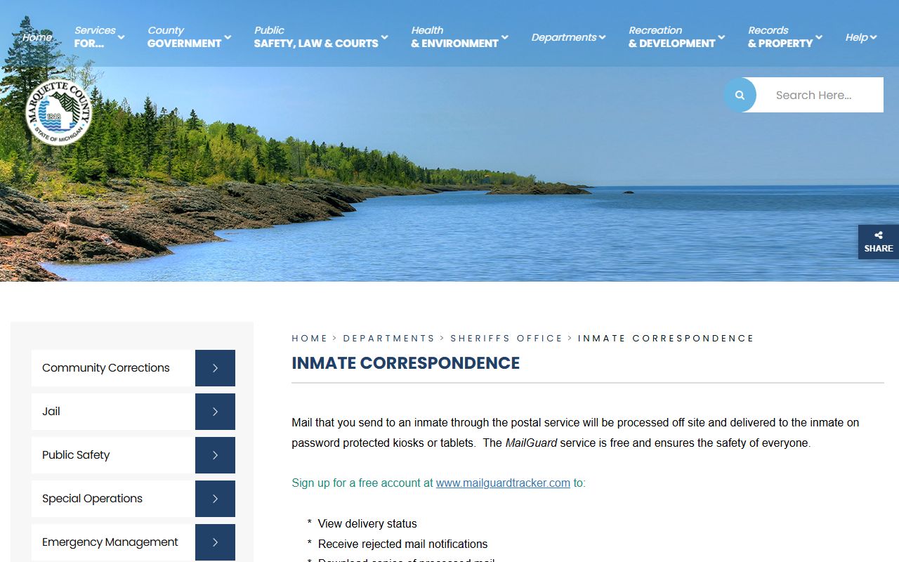 Marquette County inmate correspondence page with mail addressing and booking number rule