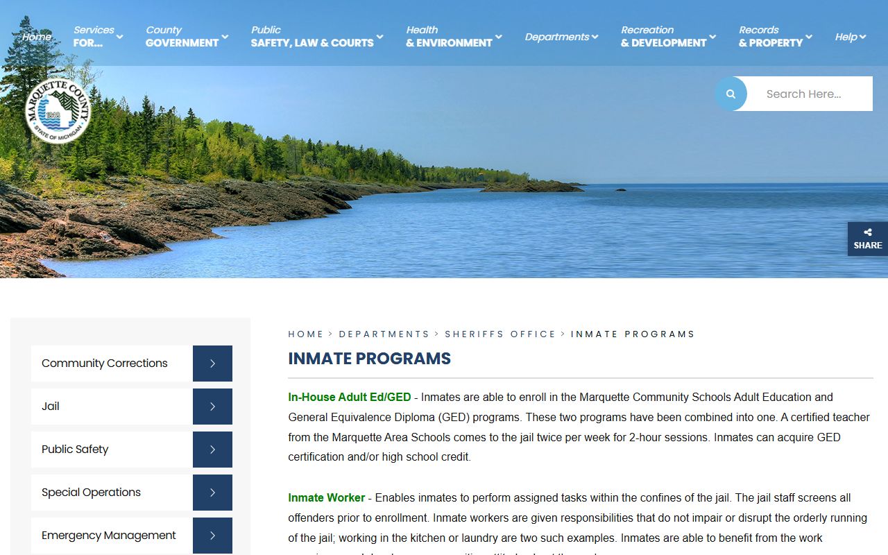 Marquette County inmate programs page with clergy and religious-service hours
