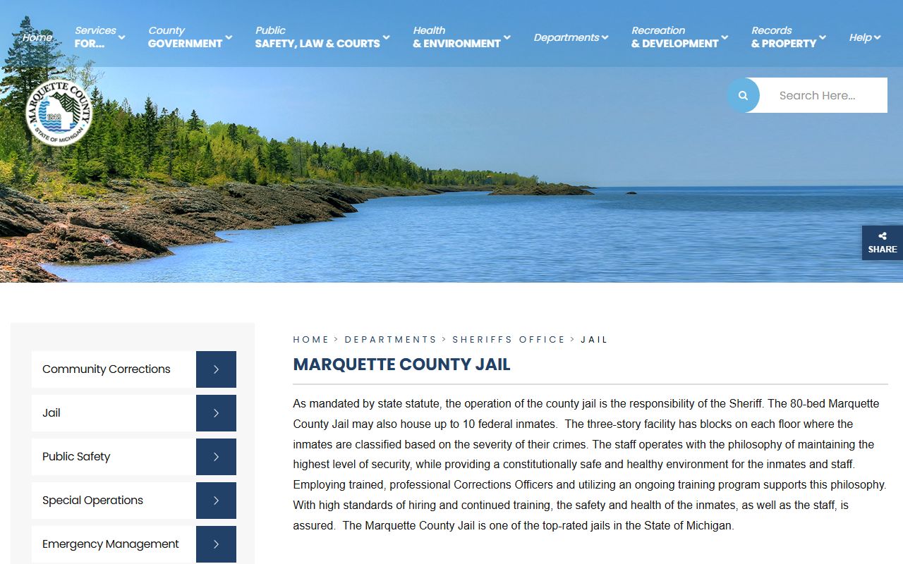 Marquette County jail services page describing inmate custody and service-window hours