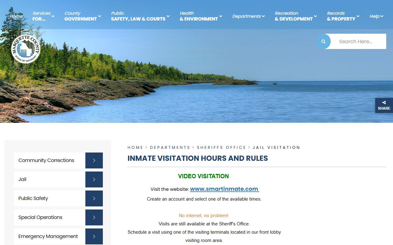 Marquette County jail visitation page with SmartInmate scheduling and visit hours