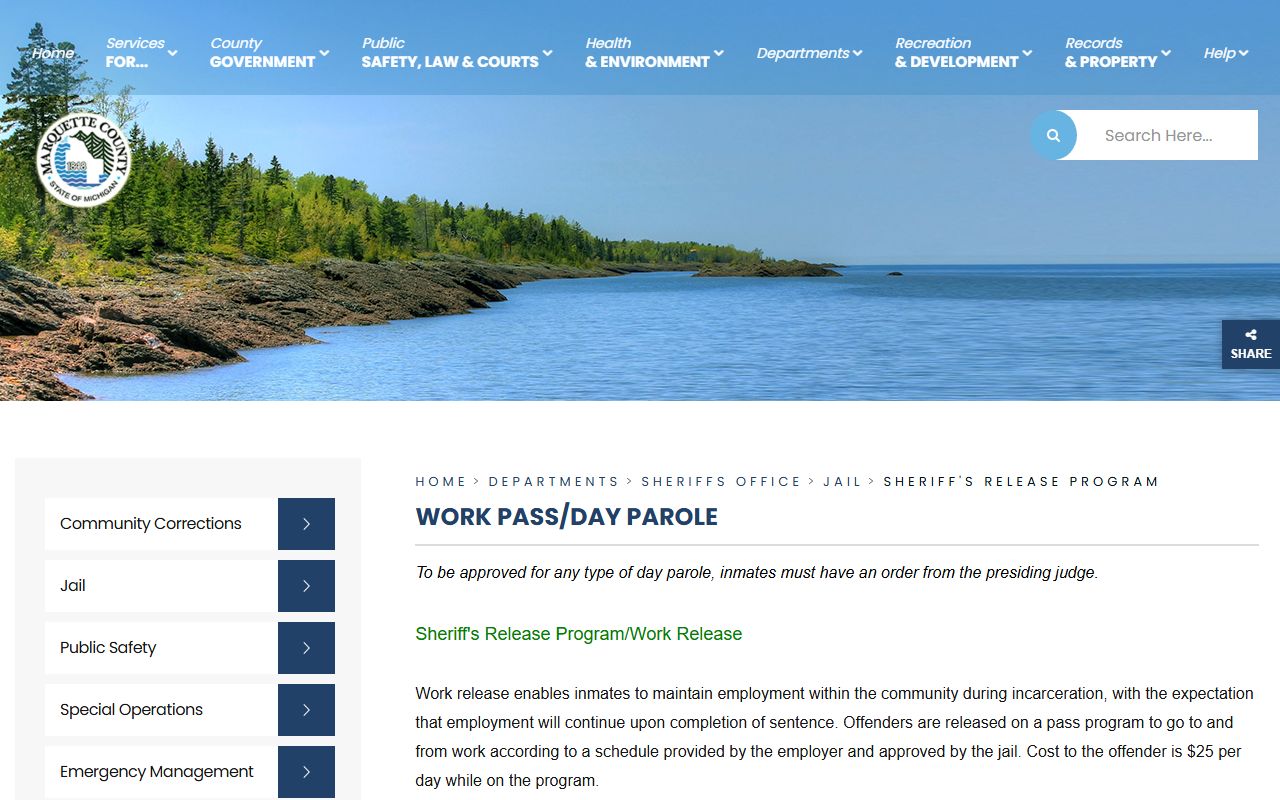 Marquette County work pass and day parole page describing the Sheriff's Release Program