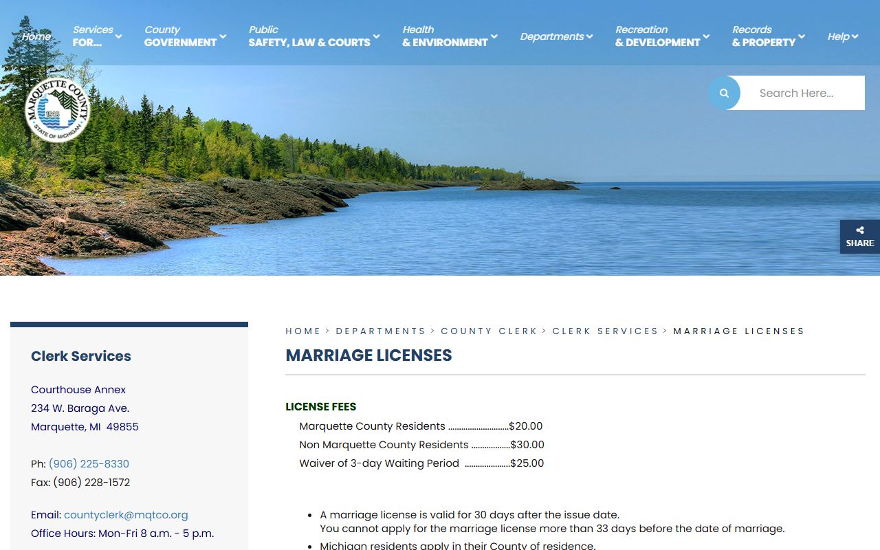 Marquette County marriage/divorce records marriage license application at the County Clerk