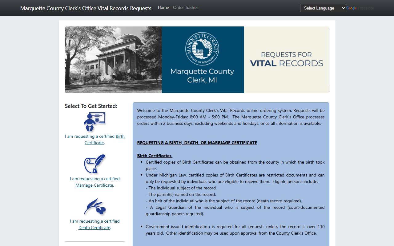 Marquette County marriage/divorce records online ordering through the Permitium vital records portal