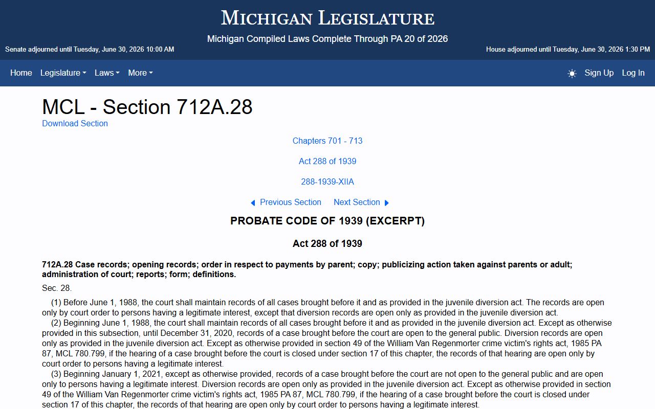 Marquette County probate records and the Michigan juvenile records statute MCL 712A.28