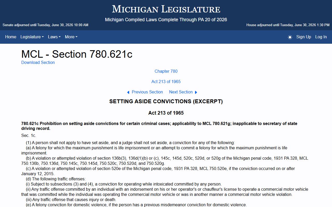 Marquette County traffic court records set-aside limit under Michigan automatic expungement law MCL 780.621c