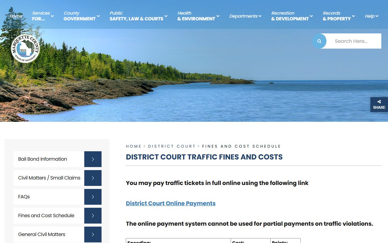 Marquette County traffic court records fine and cost schedule for common driving violations